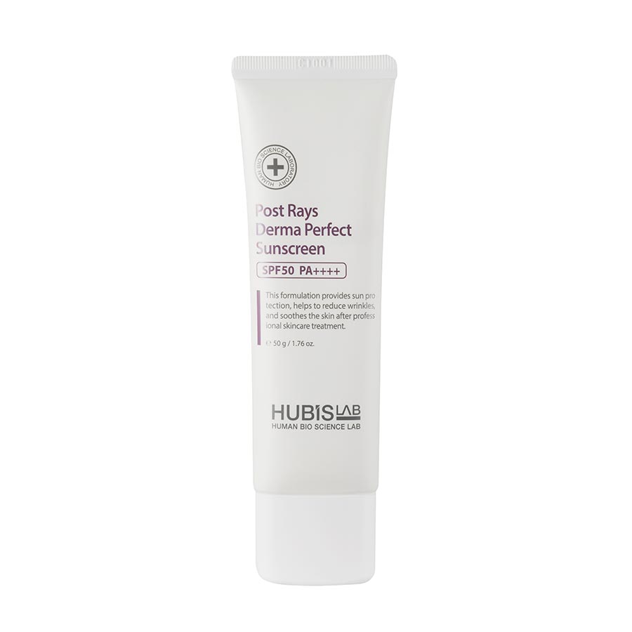 A tube of HubisLab Post Rays Derma Perfect Sunscreen with SPF50+ PA++++ protection, targeted at sensitive skin on a clean white backgroud