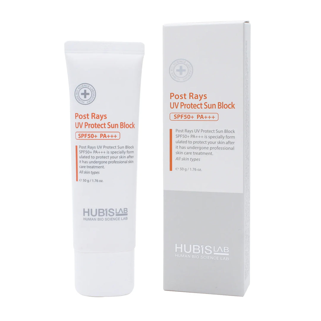 Hubislab Post Rays UV Protect Sun Block with packaging on a white background