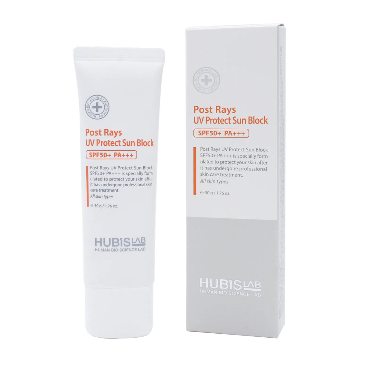 Hubislab Post Rays UV Protect Sun Block with packaging on a white background