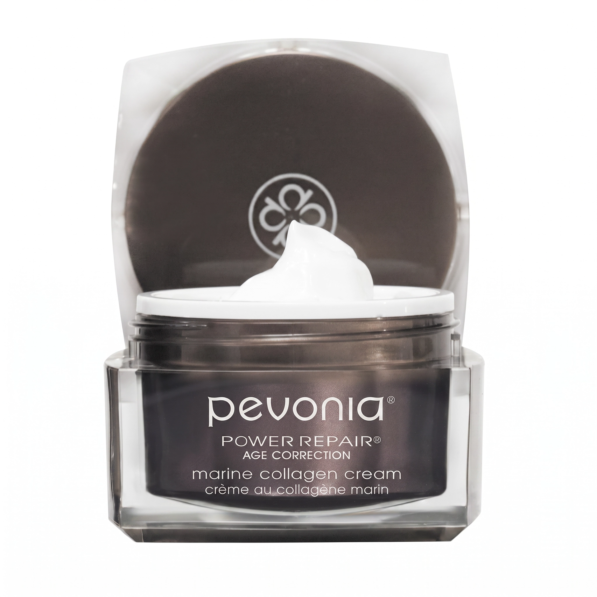 Pevonia power repair marine collagen cream jar with visible cream on a white background
