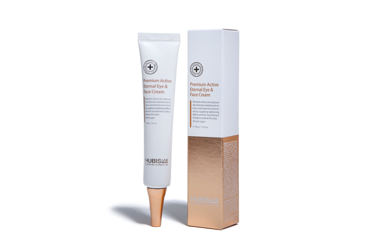 A tube of Hubislab Premium Active Eternal Eye & Face Cream next to its packaging box.