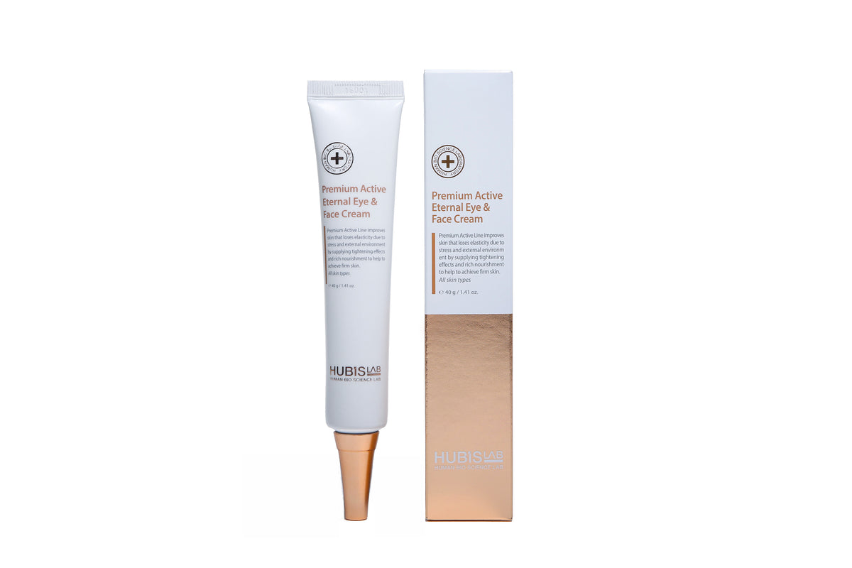A tube of Hubislab Premium Active Eternal Eye & Face Cream next to its packaging box.