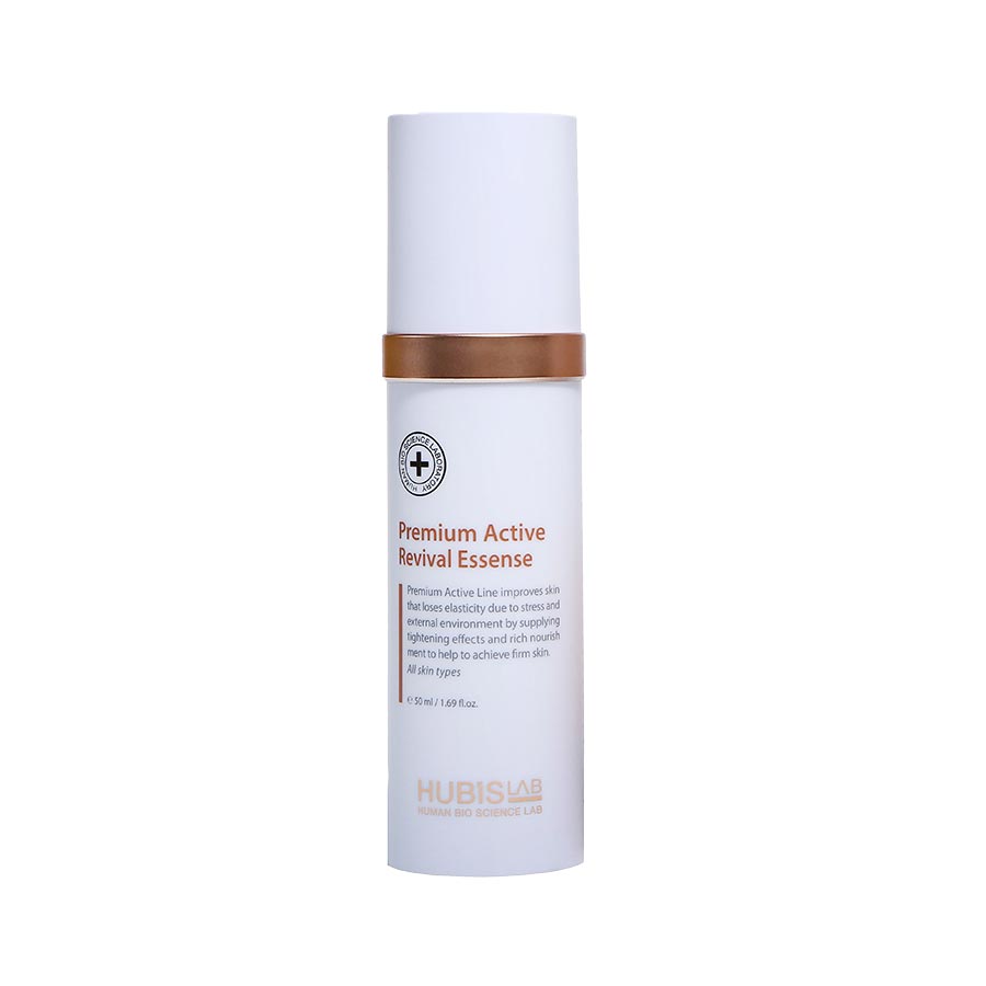 Premium Active Revival Essence 50ml by hubislab, packaged in a white bottle with a pump dispenser
