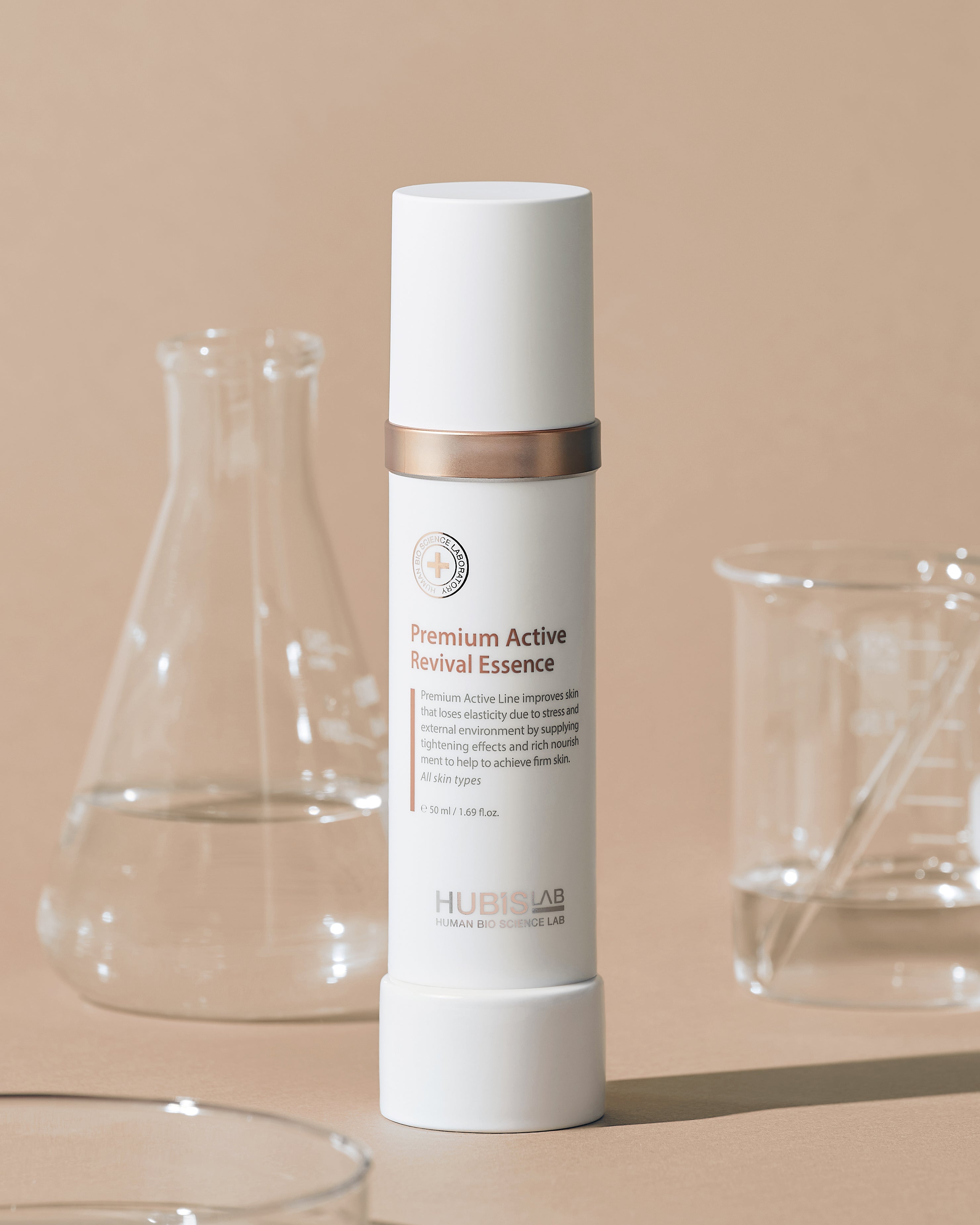 Premium_Active_Revival_Essence with lab jars of liquid