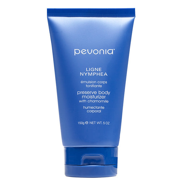 A blue tube of Pevonia Preserve Body Moisturiser, 150ml size, with product information in white text.