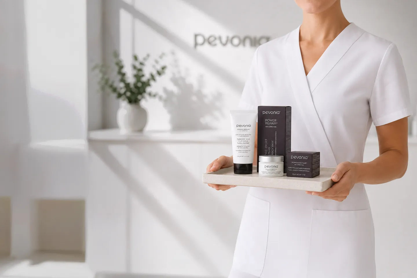 A person in a white uniform holds a tray with skincare products from Pevonia in a bright, modern white interior setting.