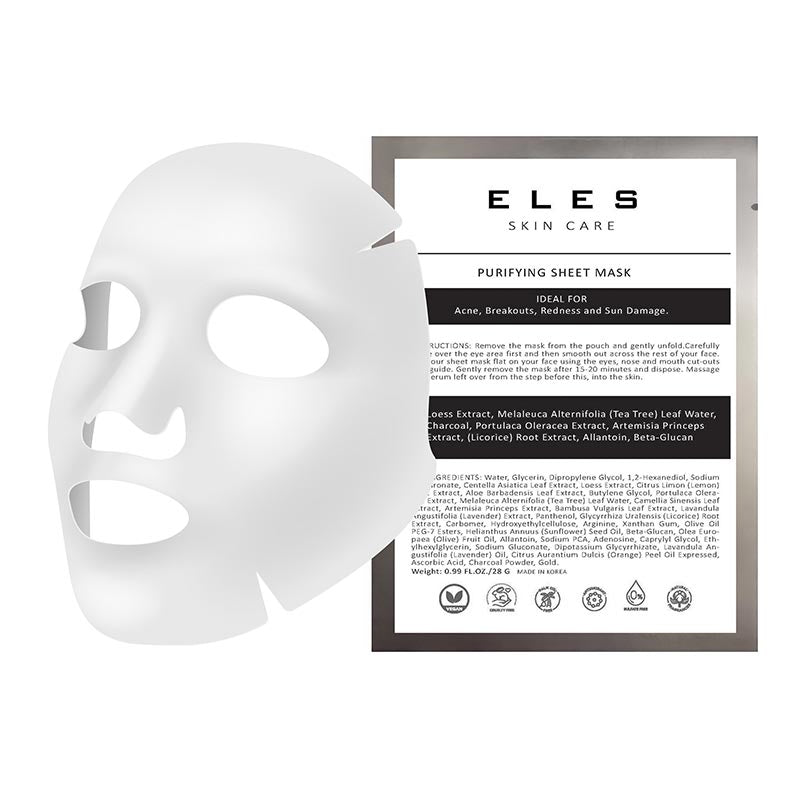 Packaging and sheet mask of ELES Skin Care Professional Strength Purifying Sheet Mask, with text detailing the product's benefits and ingredients.