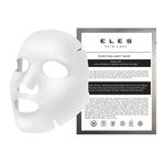 Packaging and sheet mask of ELES Skin Care Professional Strength Purifying Sheet Mask, with text detailing the product's benefits and ingredients.