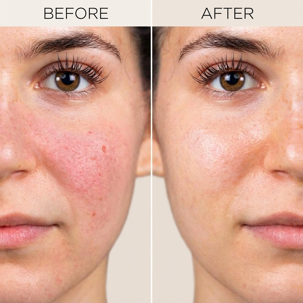 Before and after comparison of a person's face with visible skin improvement.
