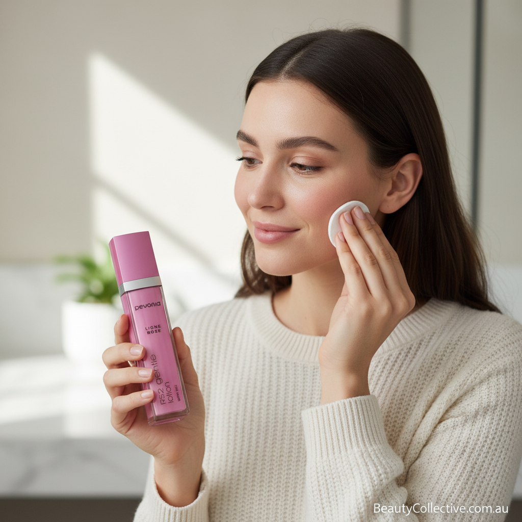 Woman applying pevonia-rs2-rosacea-gentle-lotiont to her face with a pink bottle in a bright room.