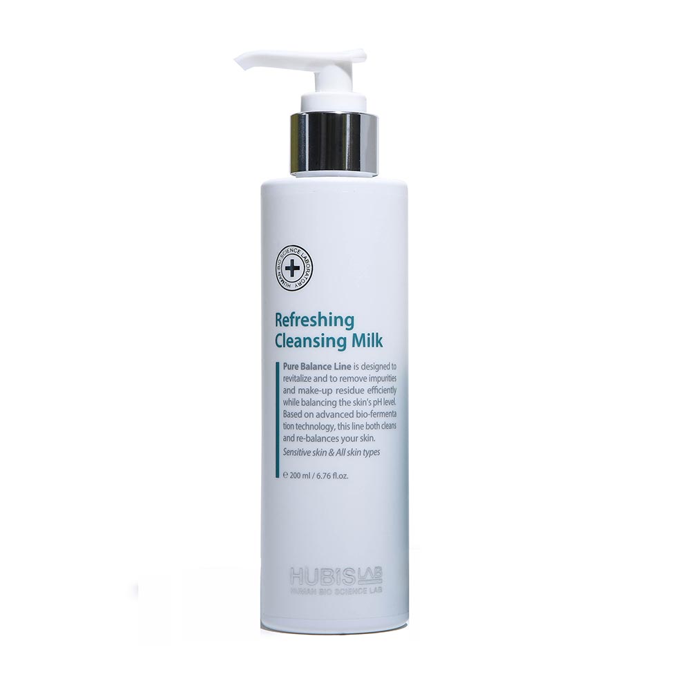 A pump bottle of HubisLab Pure Balance Refreshing Cleansing Milk, 200ml size, with label and branding visible.
