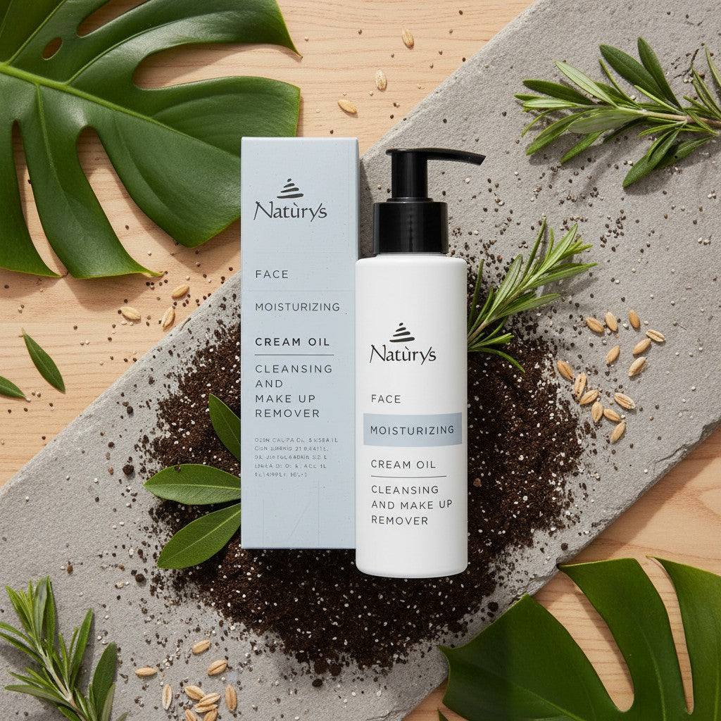 Nature's Face Moisturizing Cream Oil bottle and packaging on a stone surface with green leaves.