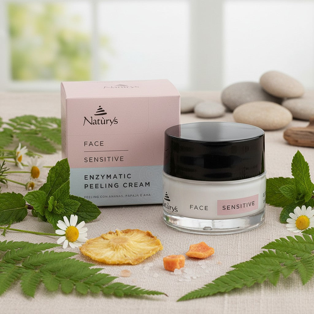 Natur'y's Enzymatic Peeling Cream jar and box on a natural setting with plants and stones.