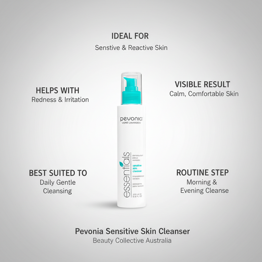 Pevonia Sensitive Skin Cleanser bottle with text on a gray background
