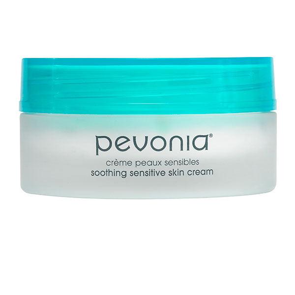 Pevonia soothing sensitive skin cream jar with blue lid on a white background