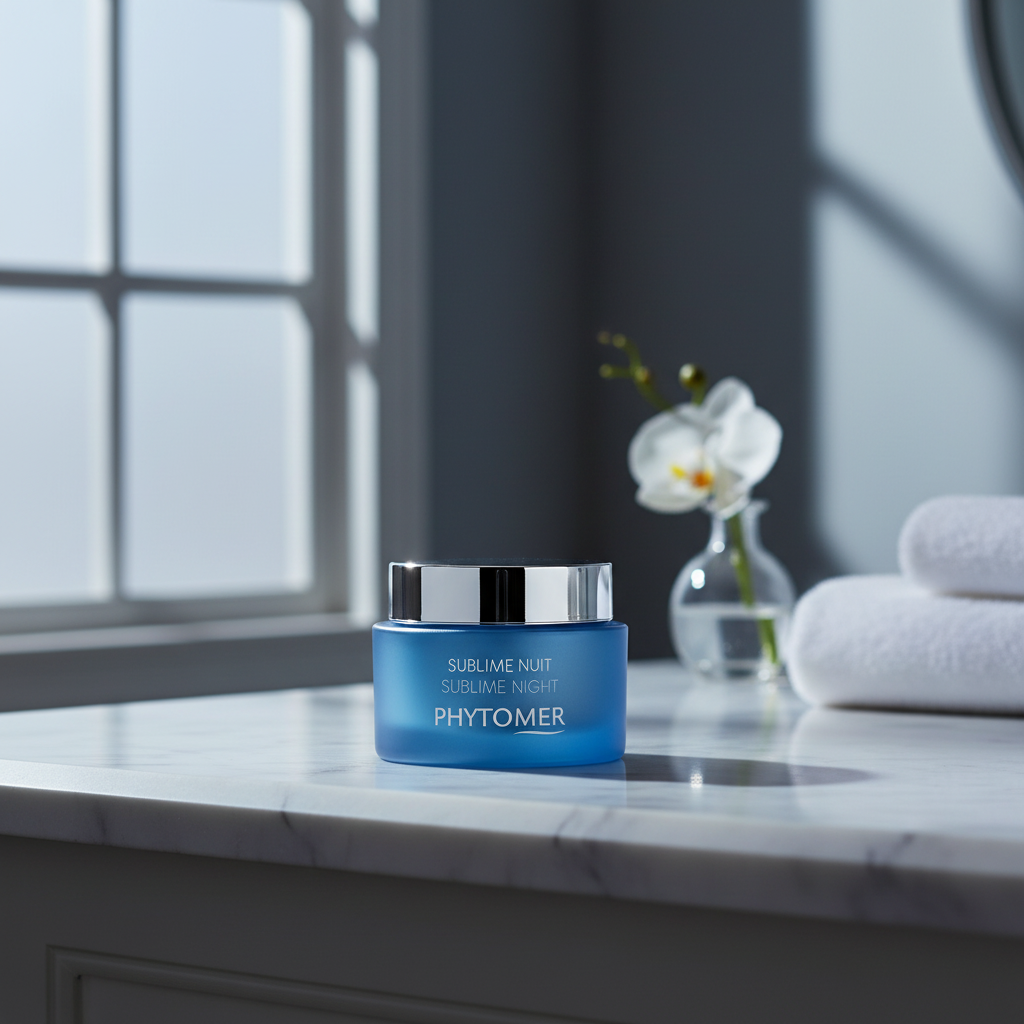 Blue Phytomer Sublime Night jar on a marble surface with a blurred background