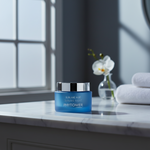 Blue Phytomer Sublime Night jar on a marble surface with a blurred background