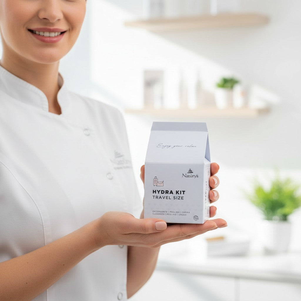 Person holding a Hydra Kit travel size box in a blurred indoor setting
