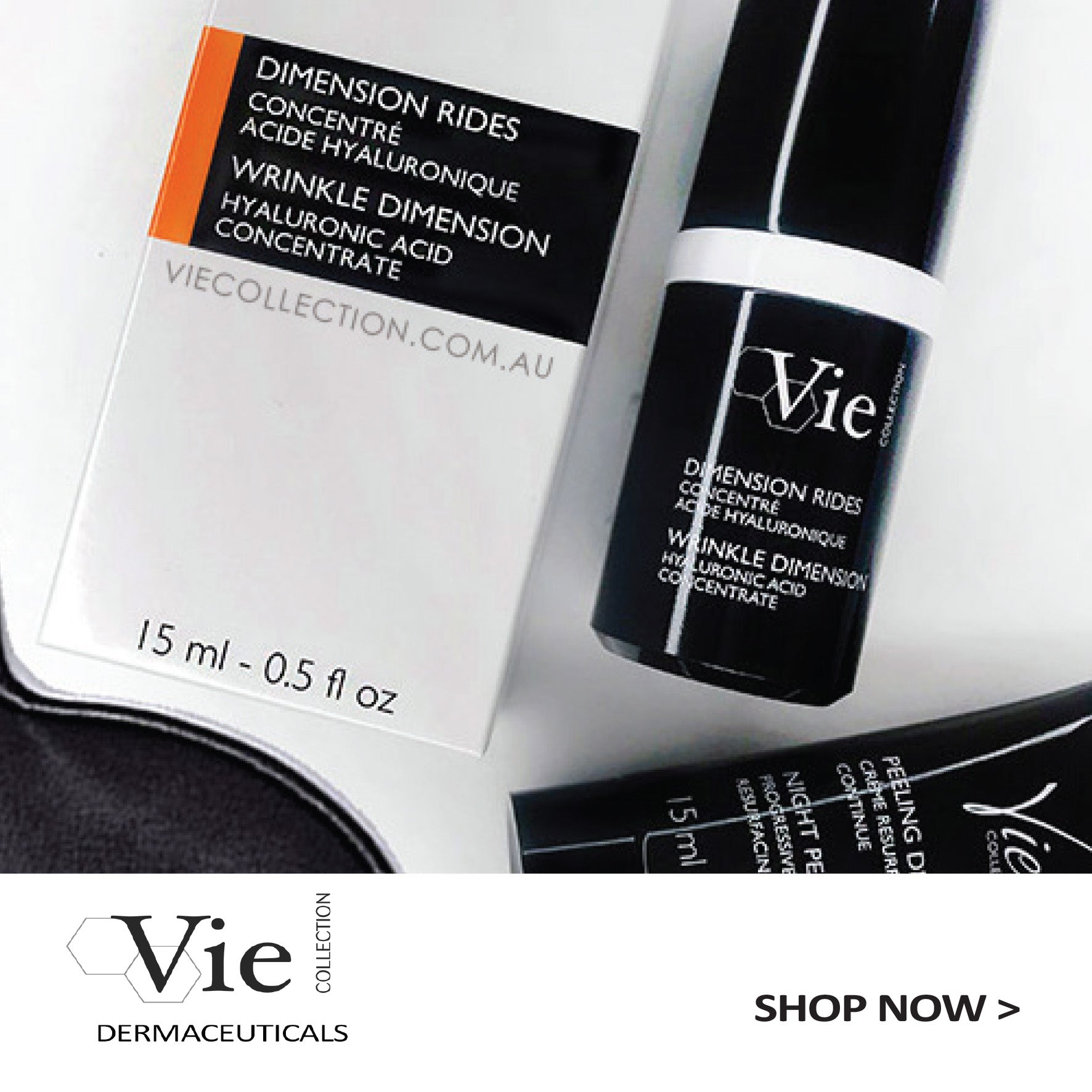 Vie products with logo and shop now button