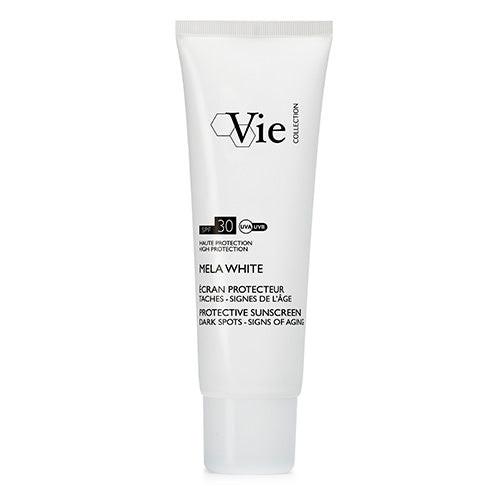 Tube of Vie Collection Mela White sunscreen on a white background
