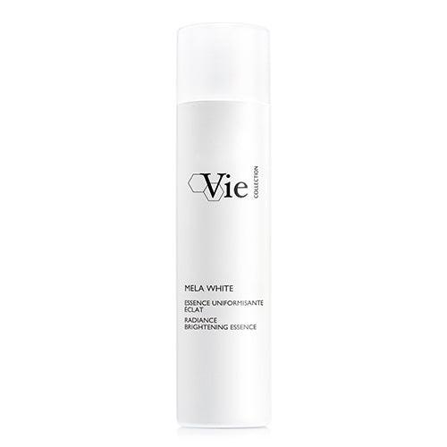 A white bottle with a pump dispenser labeled 'Vie' and 'Mela White Radiance Brightening Essence 150ml'.