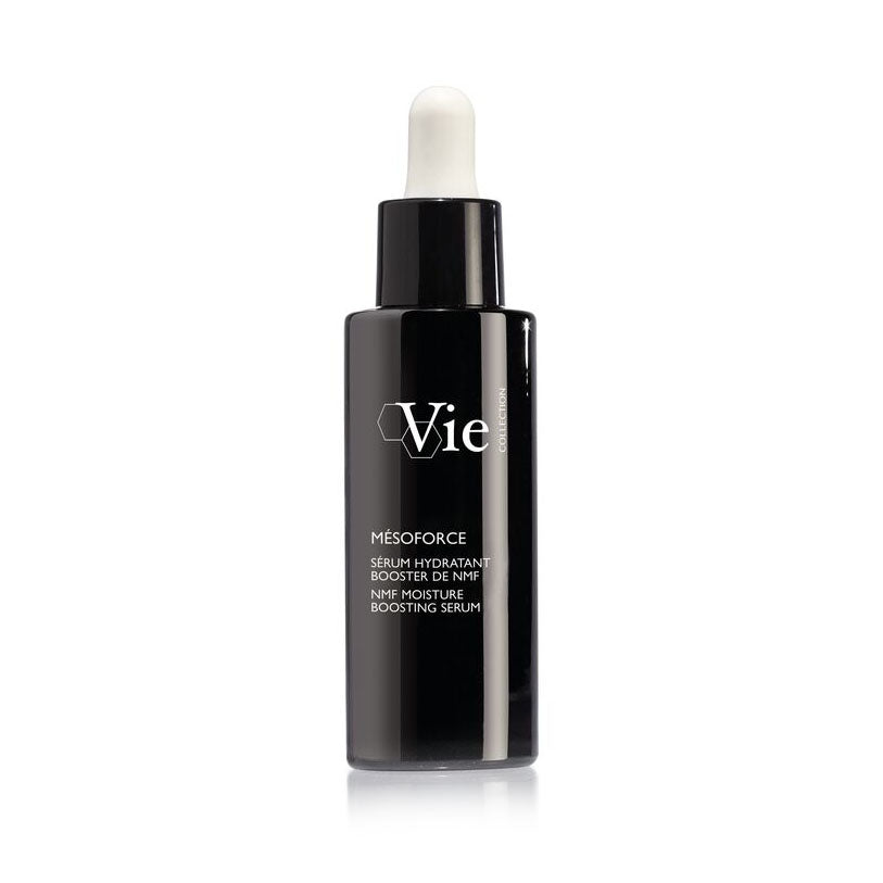 A black bottle with a white dropper labeled 'Vie' containing the Mesoforce NMF Moisture Boosting Serum.