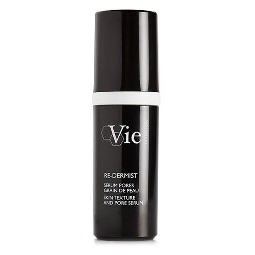 Black skincare serum bottle with 'Vie' branding on a white background