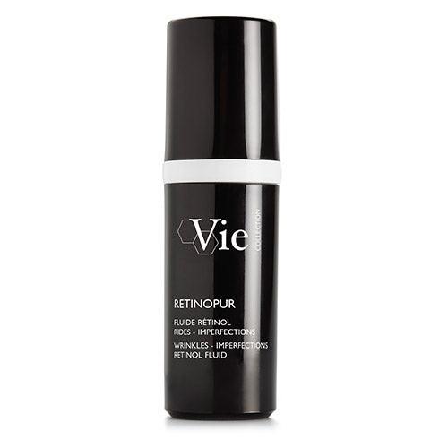 Black skincare bottle labeled 'Vie' on a white background