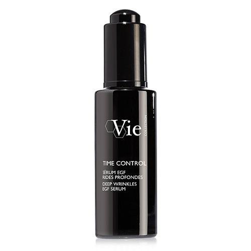 A black bottle with a white label displaying the brand 'Vie' and the product name 'TIME CONTROL DEEP WRINKLES EGF SERUM 30ml'.