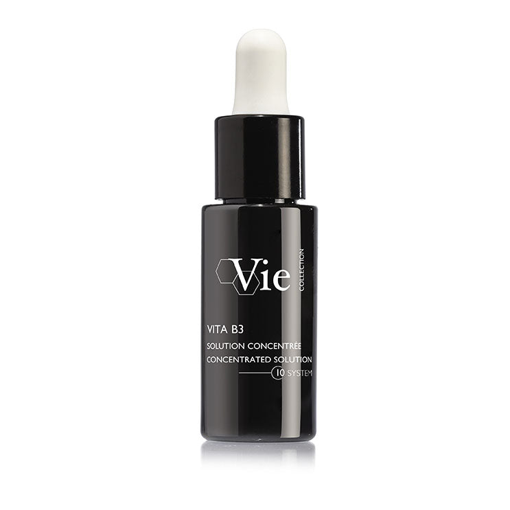 A black and clear glass dropper bottle with a white label that reads 'Vie Vita B3 Solution Concentrée'.