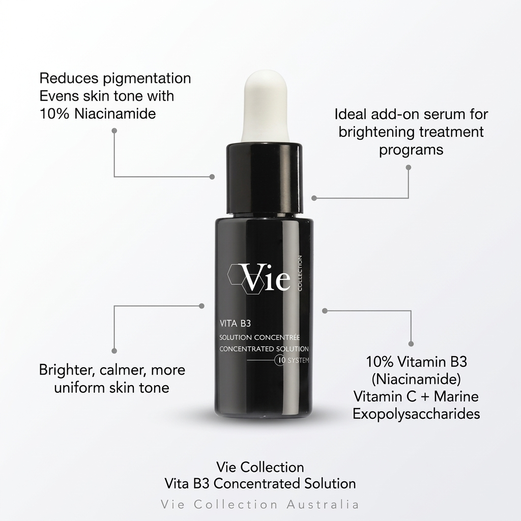 Vie Collection Vita B3 Concentrated Solution bottle with text highlighting its benefits on a white background