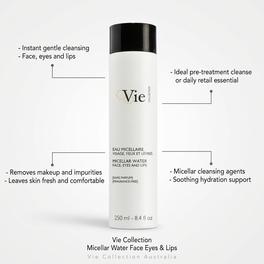 Vie Collection Micellar Water Face Eyes and Lips 250ml with callouts for gentle cleansing, makeup removal, hydration and eye and lip use.