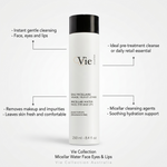Vie Collection Micellar Water Face Eyes and Lips 250ml with callouts for gentle cleansing, makeup removal, hydration and eye and lip use.