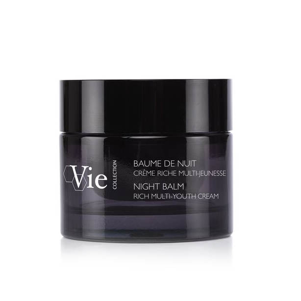 A black jar with a white label that reads 'Vie Collection Night Balm Rich Multi-Youth Cream'.