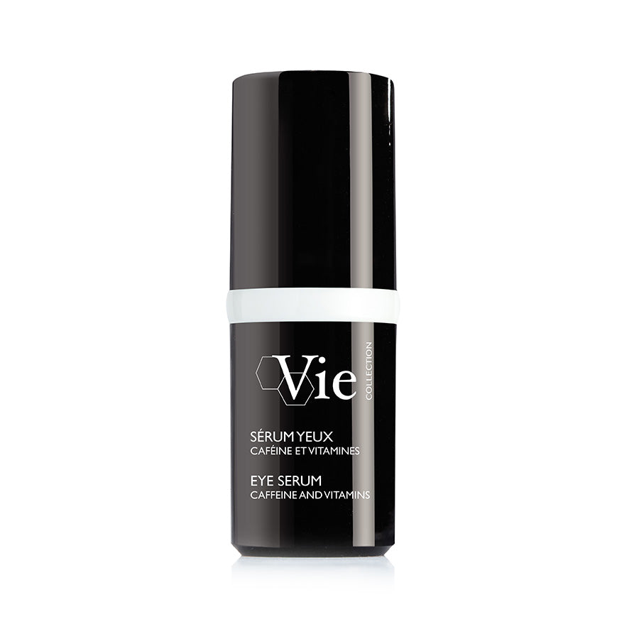 A black and white cylindrical container of VIE Eye Serum with white and red text detailing the product's benefits and ingredients.