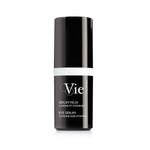 A black and white cylindrical container of VIE Eye Serum with white and red text detailing the product's benefits and ingredients.