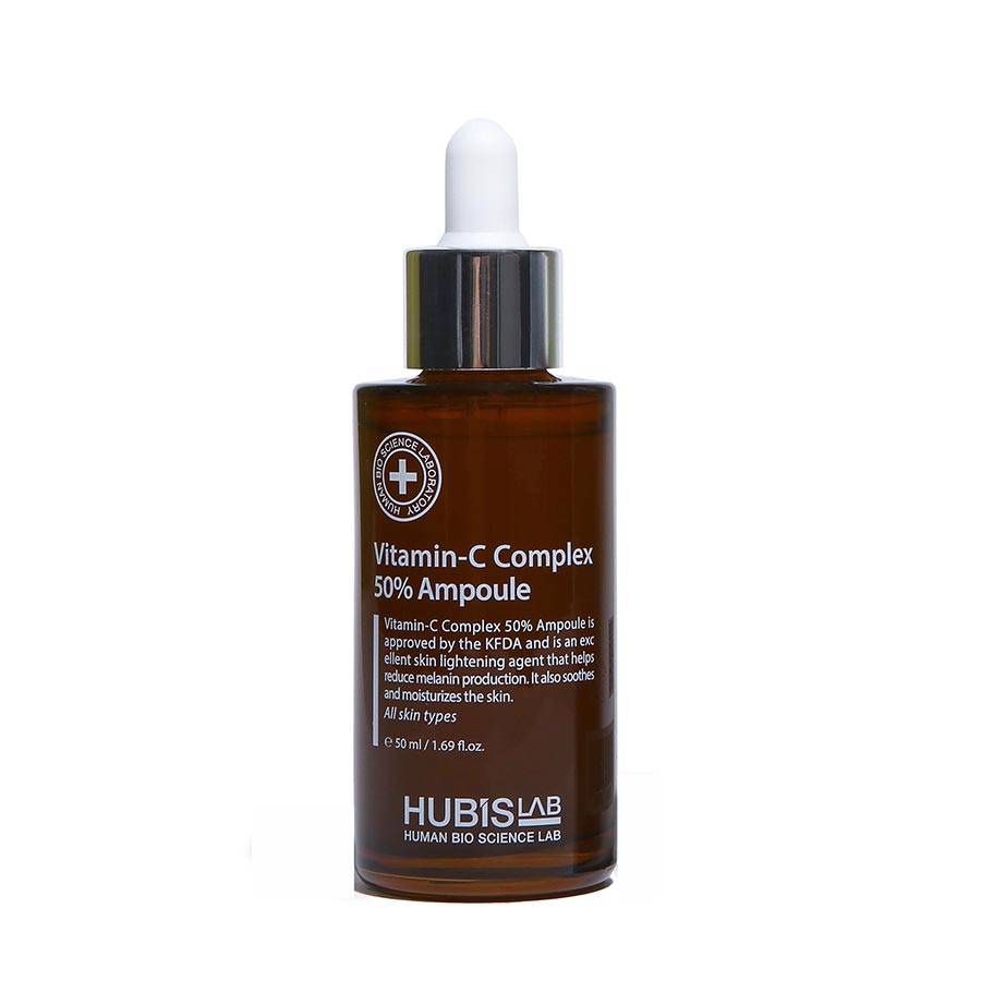 Hubislab Derma Max Vitamin-C Complex 50% Ampoule 50ml in a brown glass bottle with a white dropper cap. The label has the brand name and product details.