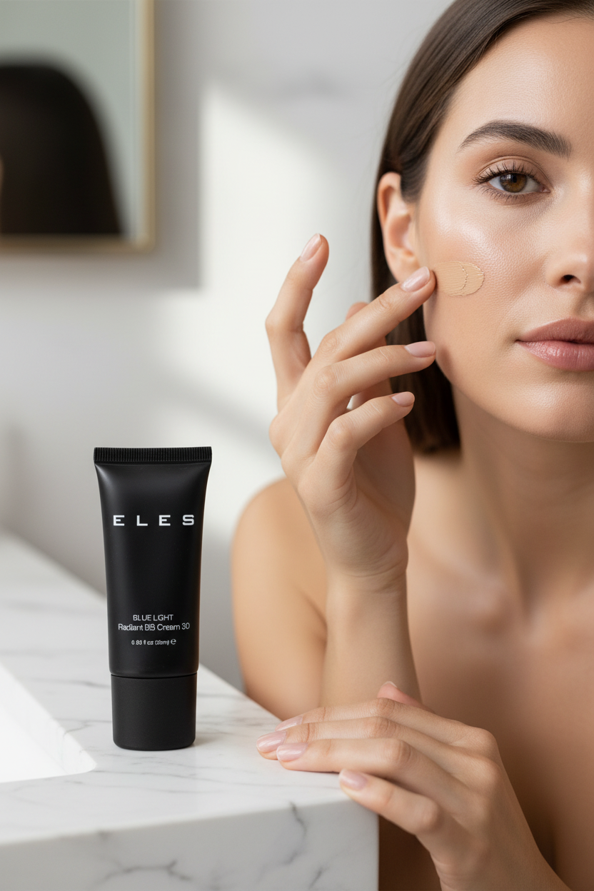 Woman applying makeup with a tube of ELES product on a marble surface.