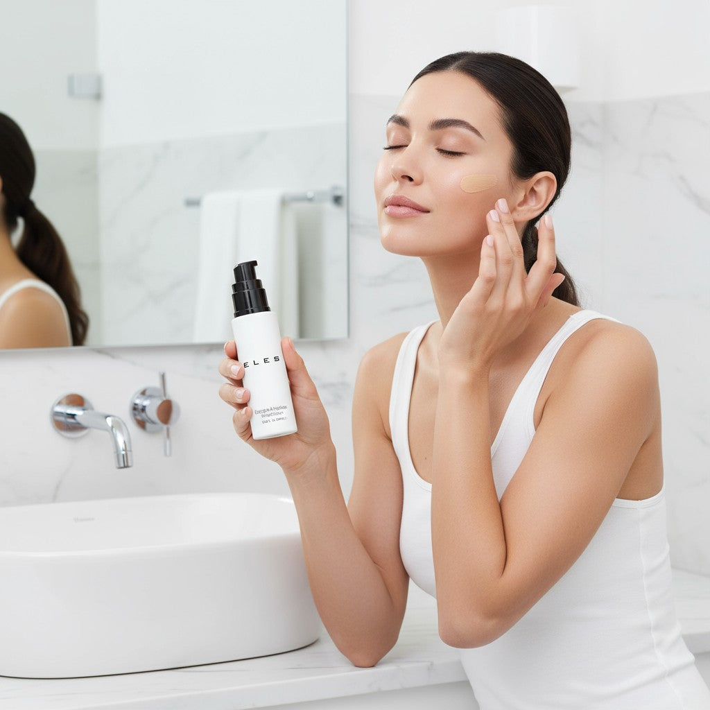 Woman applying skincare product in a bathroom setting