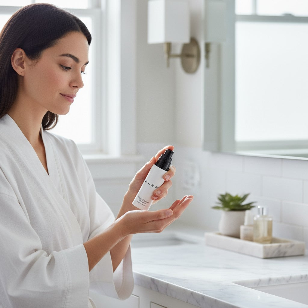 Woman in a white robe holding a skincare product in a bathroom setting