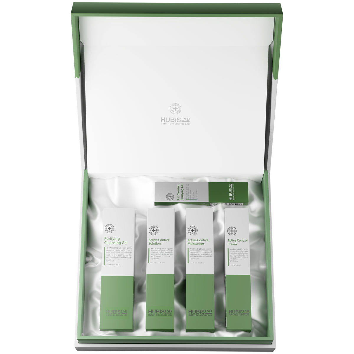 HUBISLAB A.C. Clearing Line Set with five skincare products in an open green and white gift box