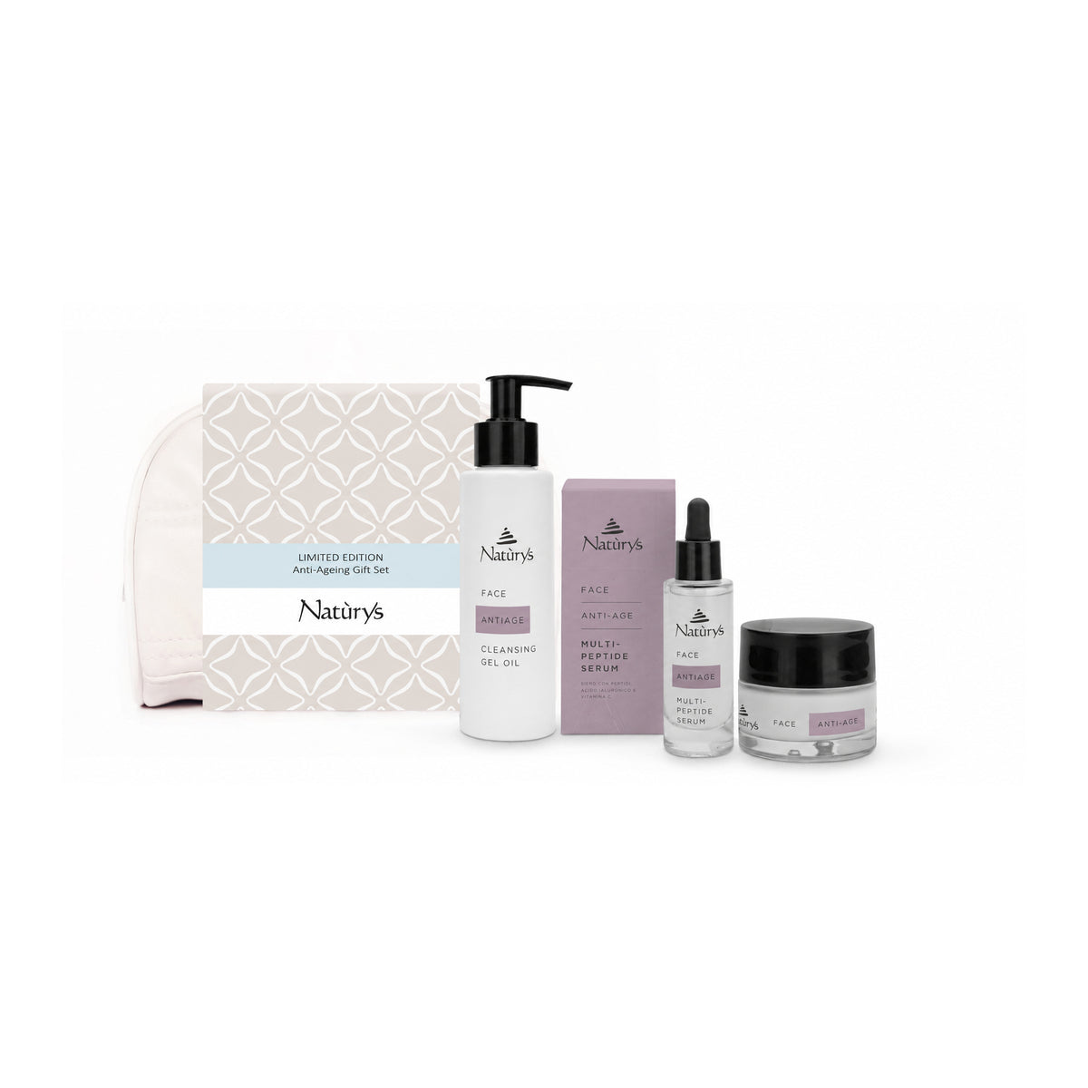 Naturys Anti-Age gift set with Cleansing Gel Oil, Multi-Peptide Serum, No Age Rich Cream and white cosmetics bag on white.