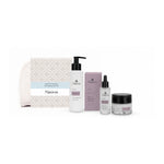 Naturys Anti-Age gift set with Cleansing Gel Oil, Multi-Peptide Serum, No Age Rich Cream and white cosmetics bag on white.