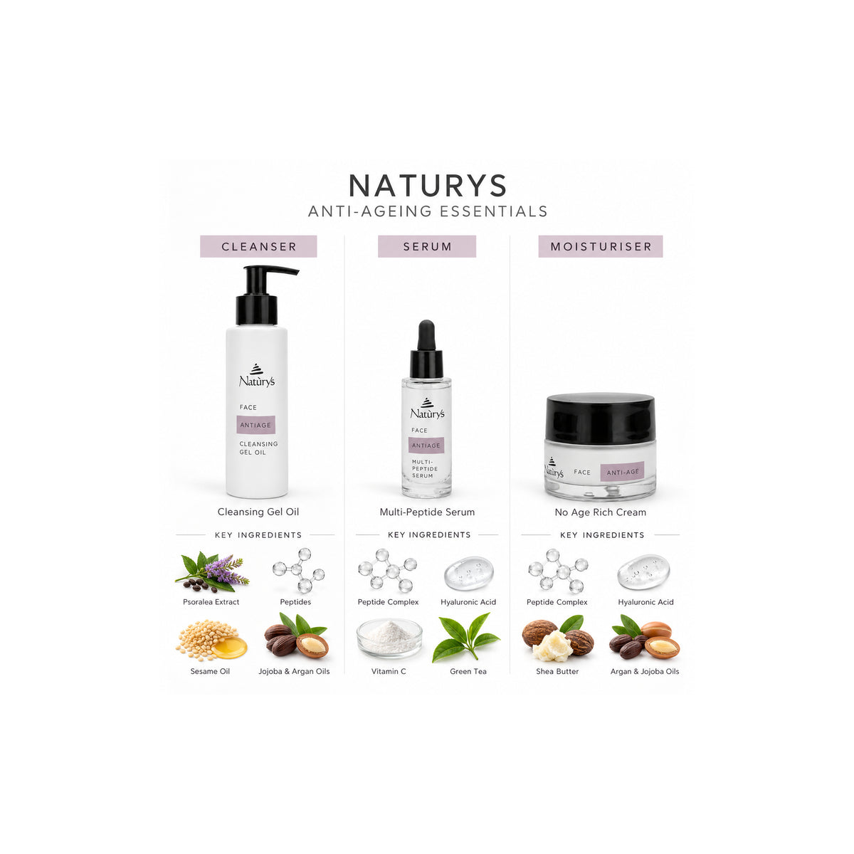 Naturys Anti-Age ingredient guide showing the cleanser, serum and rich cream with their separately labelled key ingredients.