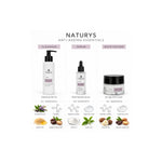 Naturys Anti-Age ingredient guide showing the cleanser, serum and rich cream with their separately labelled key ingredients.