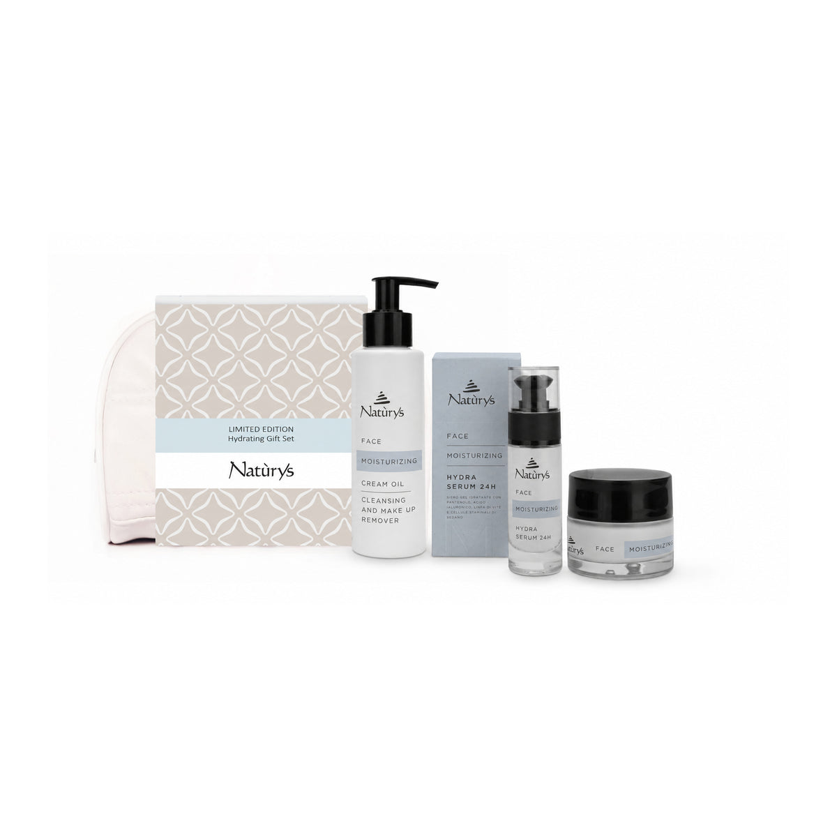 Naturys Moisturising gift set with cream-oil cleanser, Hydra Serum 24H, Hydra Cream 24H and white cosmetics bag on white.