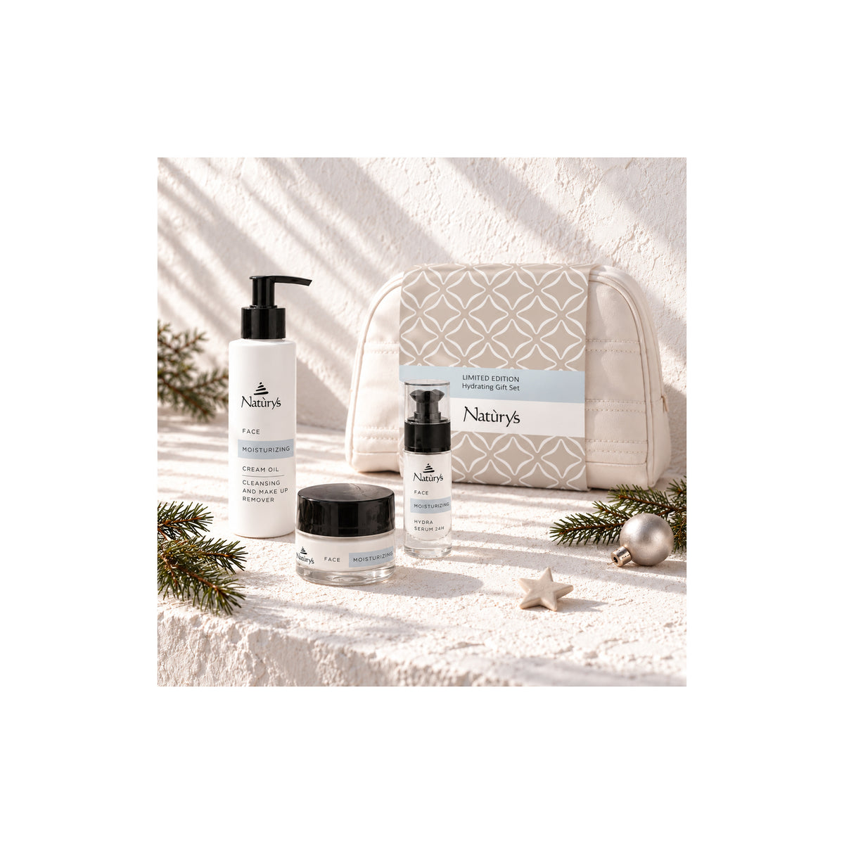 Naturys moisturising cleanser, serum, cream and white cosmetics bag in a sunlit Christmas setting with pine sprigs and ornaments.