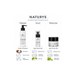 Naturys Hydrating Essentials guide showing the cream-oil cleanser, Hydra Serum 24H and Hydra Cream 24H with their key ingredients.