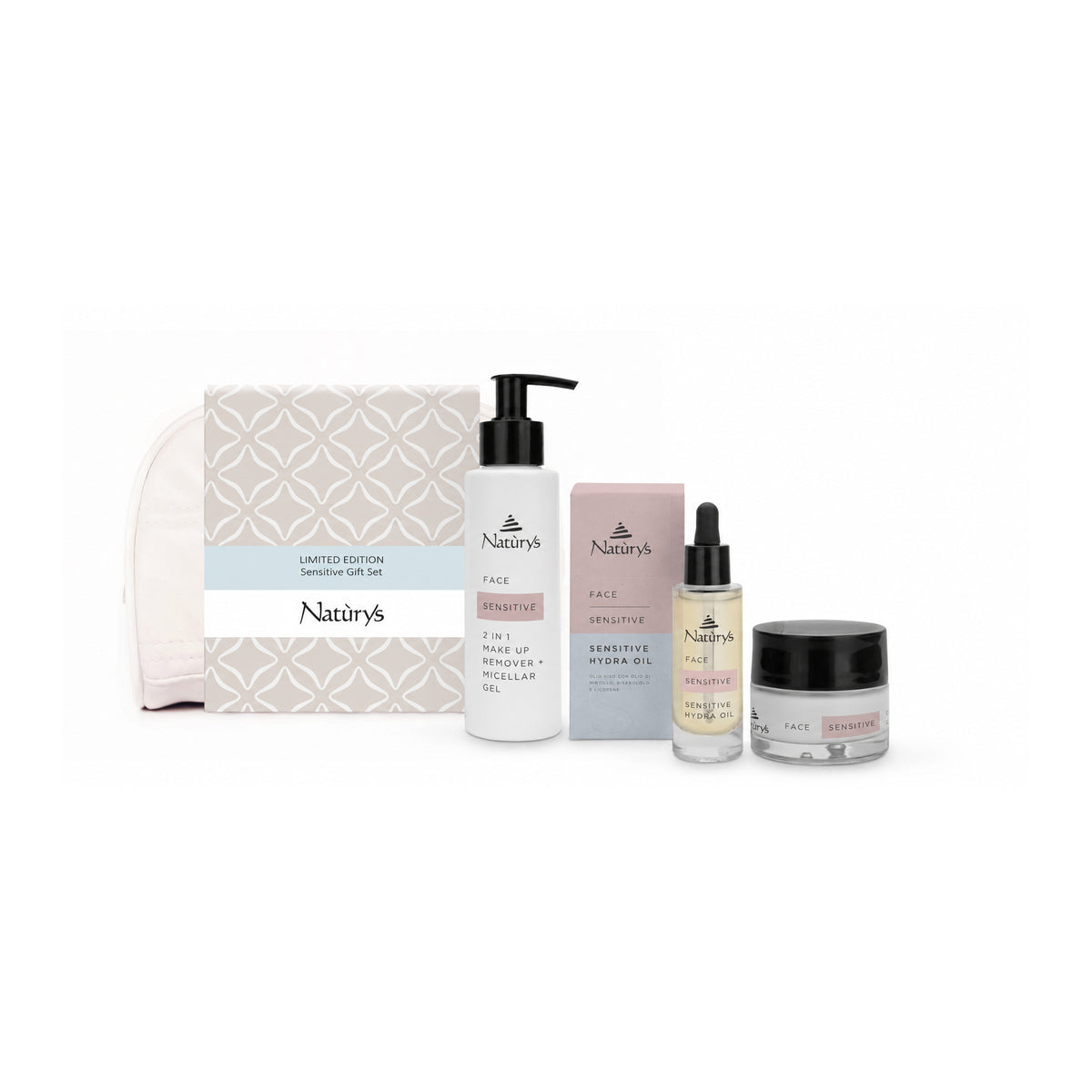 Naturys Sensitive gift set with micellar cleansing gel, Hydra Oil, De-Sensitive Cream and white cosmetics bag on white.