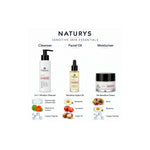 Naturys Sensitive Skin Essentials guide showing micellar cleanser, Hydra Oil and De-Sensitive Cream with their separately labelled key ingredients.